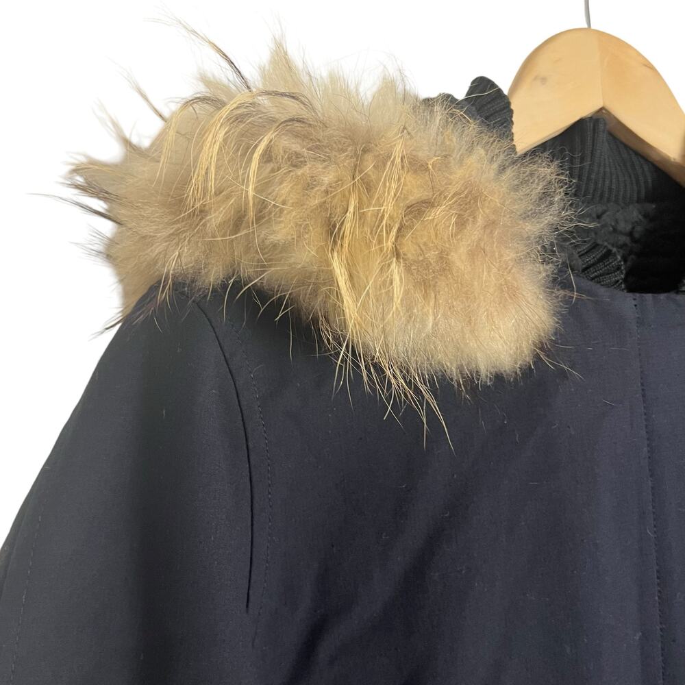 Maje Dark Blue Raccoon Fur Trim Hooded Sherpa Parka Coat Size Large - Picture 4 of 10